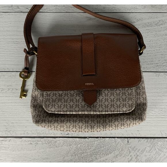 Fossil Women's Brown Leather Printed Fabric Crossbody Cute Shoulder Bag Purse - Picture 3 of 15